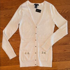 White House/Black Market Cardigan w/gold metallic ribbing and gold button snaps.